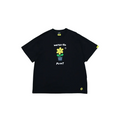 Black t-shirt with a flower graphic and text on a white background