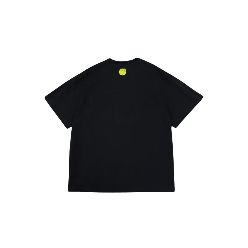 Black t-shirt with a yellow Water The Plant Smiley® logo on the neck against a white background