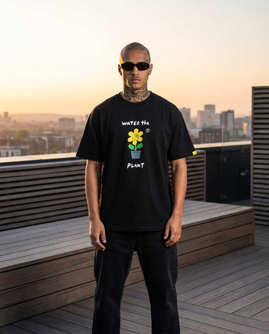 A man wearing a black graphic t-shirt with a yellow flower and the text 'WATER THE PLANT' stands on a wooden deck with a city skyline at sunset in the background.
