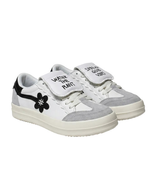 White sneakers with black and gray accents on a white background