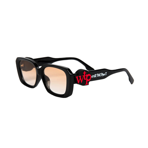 Black sunglasses with 'WTP' logo on a white background