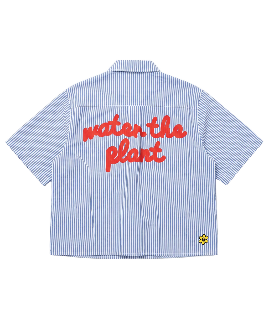 A short-sleeve button-up shirt with blue and white vertical stripes, featuring the phrase 'water the plant' printed in red across the back. A small yellow flower graphic is visible on the lower left hem.