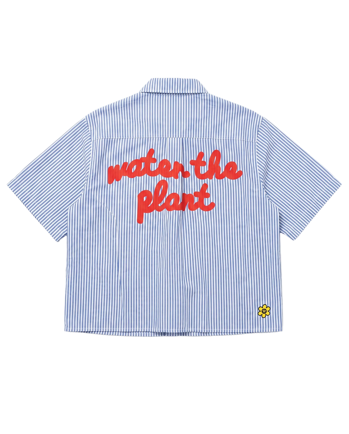 A short-sleeve button-up shirt with blue and white vertical stripes, featuring the phrase 'water the plant' printed in red across the back. A small yellow flower graphic is visible on the lower left hem.