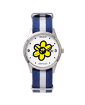 A wrist watch with a blue and white striped nylon strap, a silver stainless steel case, and a white dial featuring a large yellow flower graphic with a black skull in the center.