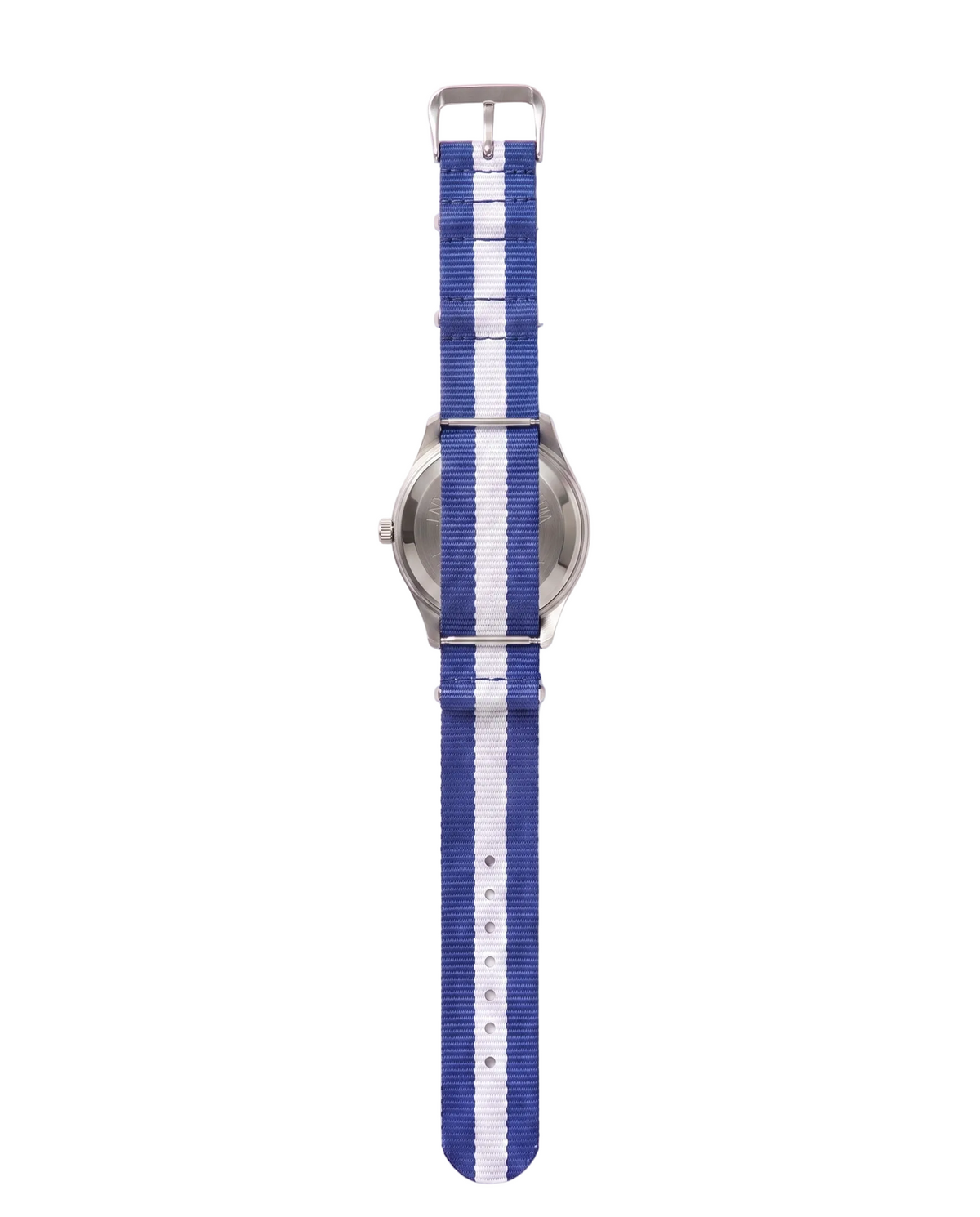 A silver-toned watch with a blue and white vertically striped nylon NATO-style strap, shown from the back against a plain white background.