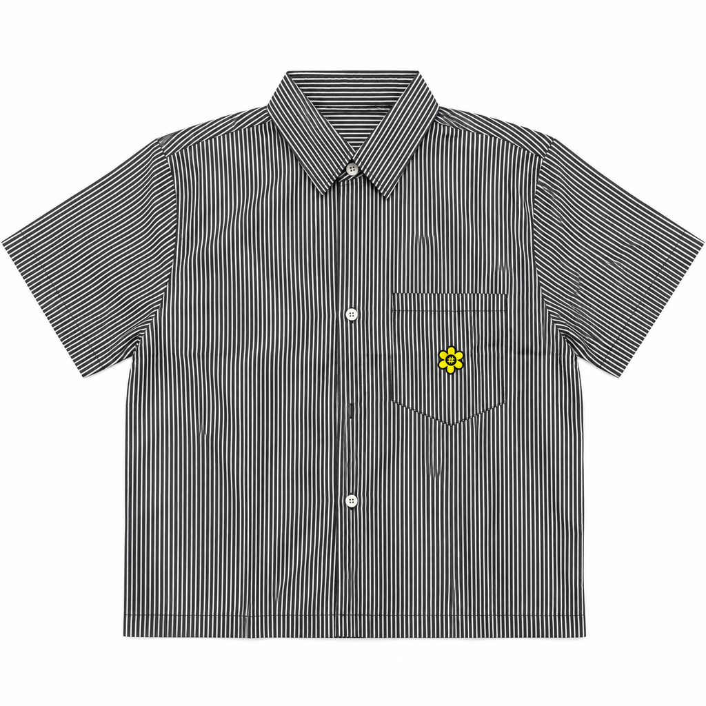 A short-sleeve button-up shirt with thin vertical black and white stripes, featuring a single chest pocket with a small yellow flower graphic on the left chest, shown against a plain white background.