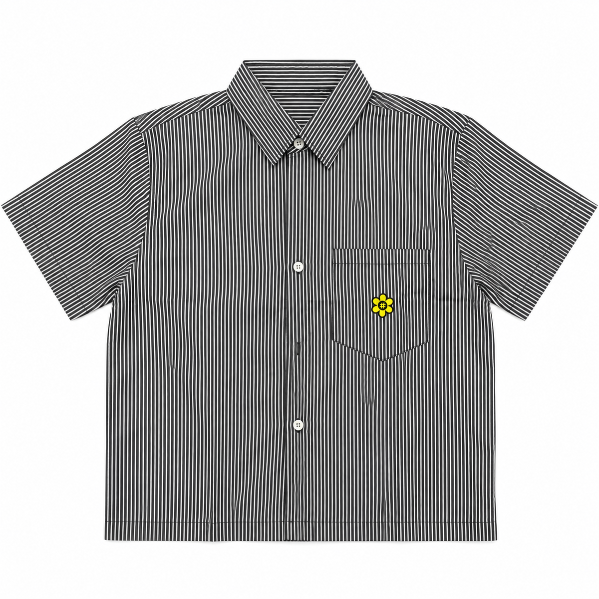 A short-sleeve button-up shirt with thin vertical black and white stripes, featuring a single chest pocket with a small yellow flower graphic on the left chest, shown against a plain white background.