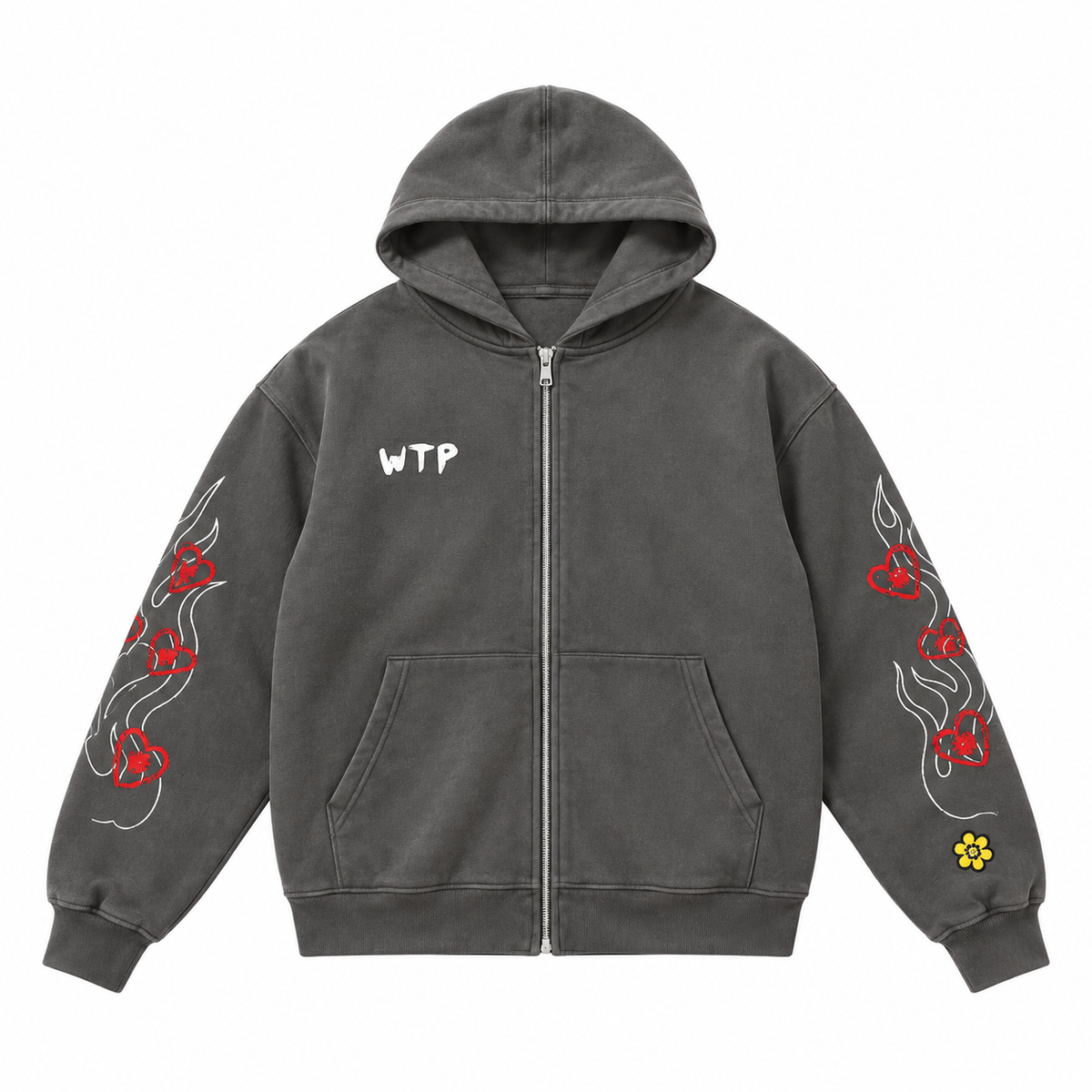 A dark gray zip-up hoodie with a white 'WTP' text graphic on the chest, white flame designs on one sleeve, red flame and heart designs on the other sleeve, and a small yellow flower patch near the cuff.