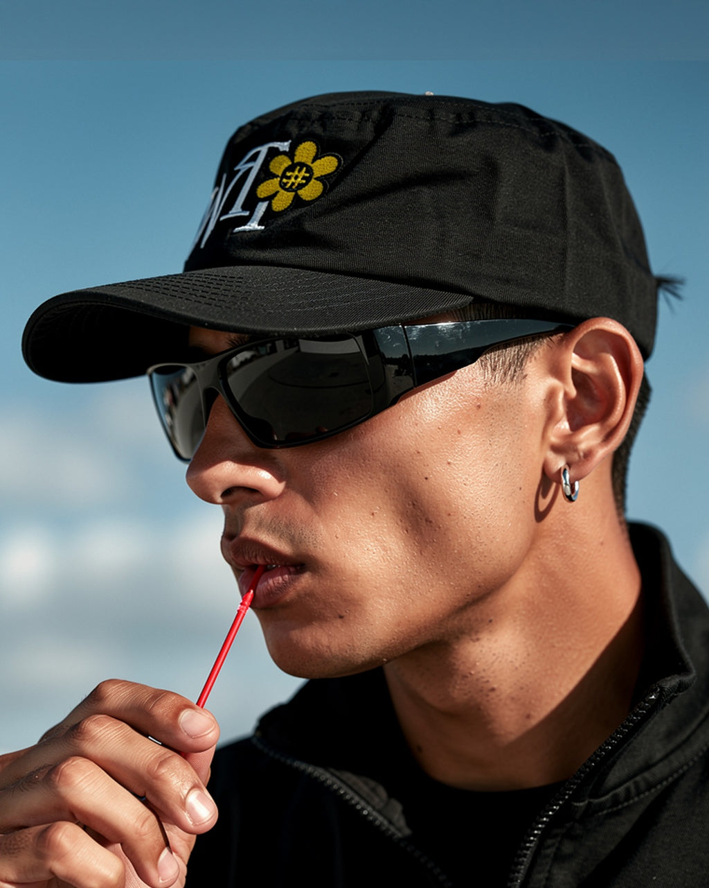 A man in profile wearing a black baseball cap with a yellow flower and white graphic logo, black sunglasses, and a black zip-up jacket, holding a red straw against his lips. The background is a bright blue sky.