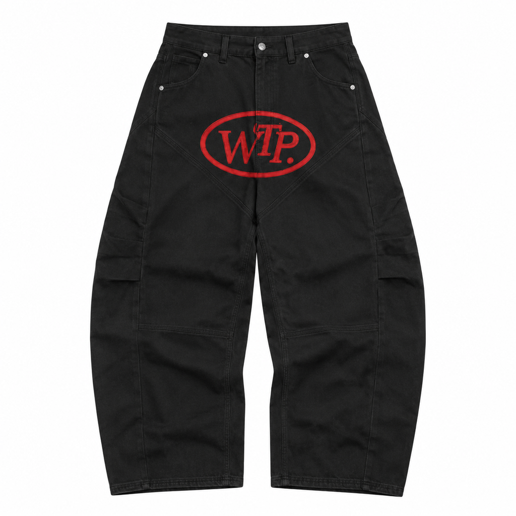 Black cargo-style denim pants featuring a red oval 'WTP' logo on the front thigh, photographed flat against a solid white background.