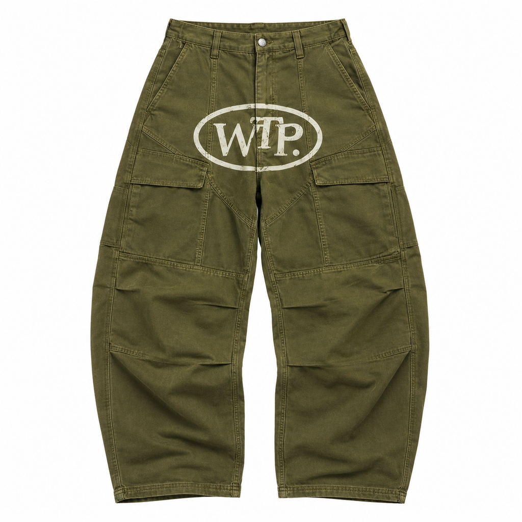 Olive green cargo pants with a distressed white 'WTP.' oval logo on the right thigh, shown flat against a white background.