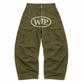 Olive green cargo pants with a distressed white 'WTP.' oval logo on the right thigh, shown flat against a white background.