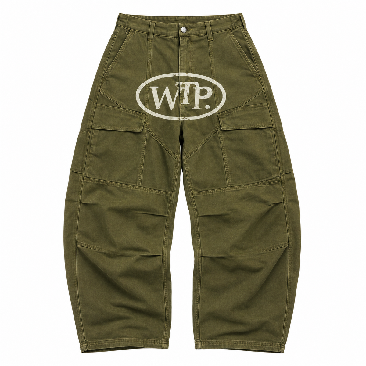 Olive green cargo pants with a distressed white 'WTP.' oval logo on the right thigh, shown flat against a white background.