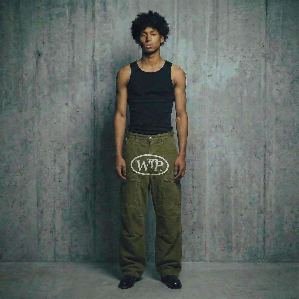 Person wearing a black tank top and green pants with 'WTP' logo against a textured wall.