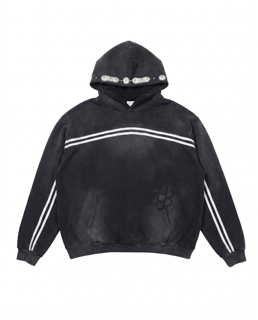 Black hoodie with white stripes on a white background
