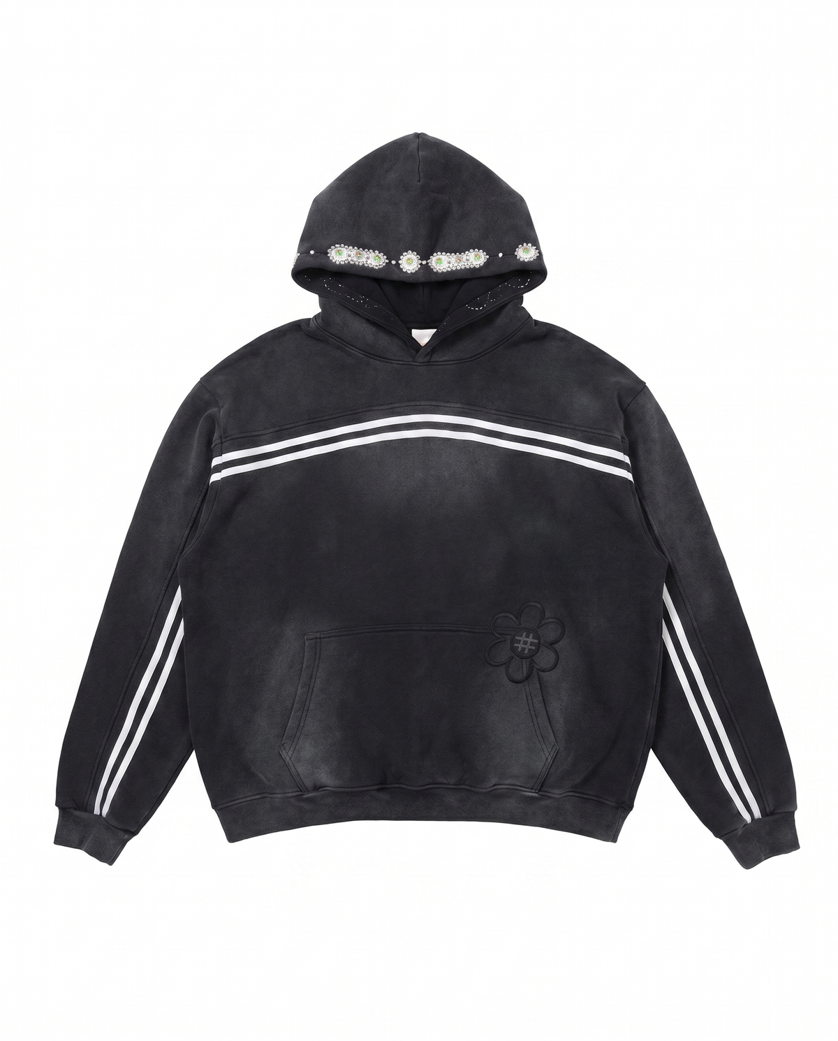 Black hoodie with white stripes on a white background