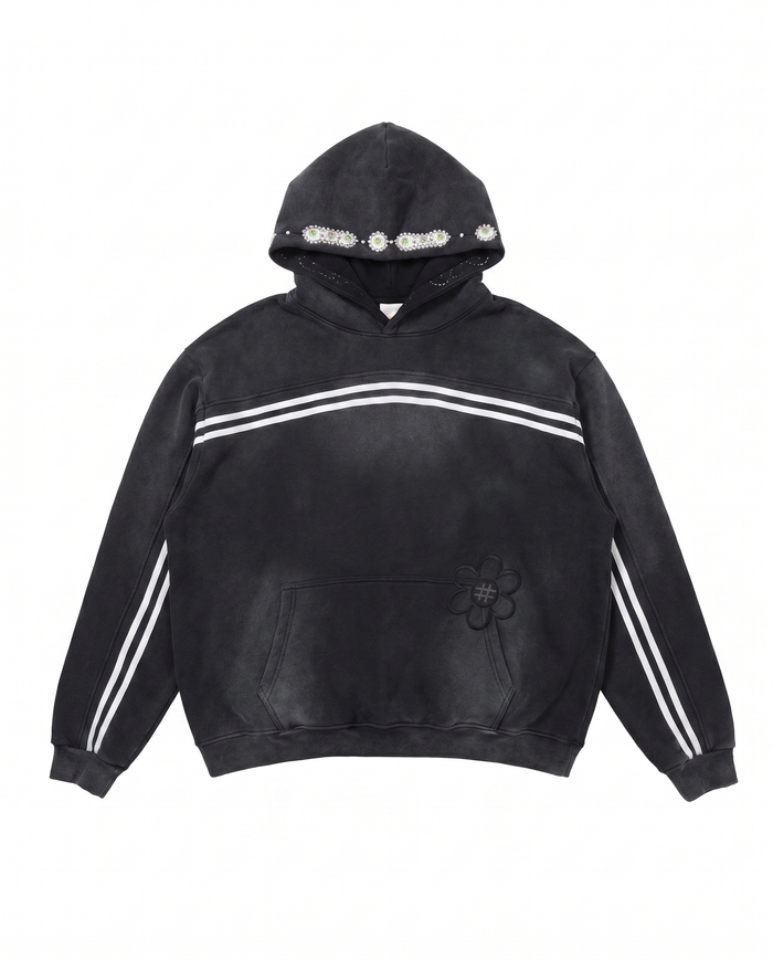 Black hoodie with white stripes on a white background