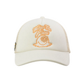 An off-white trucker hat with orange embroidered text reading 'Water the Plant' and a matching plant illustration on the front, set against a solid white background.