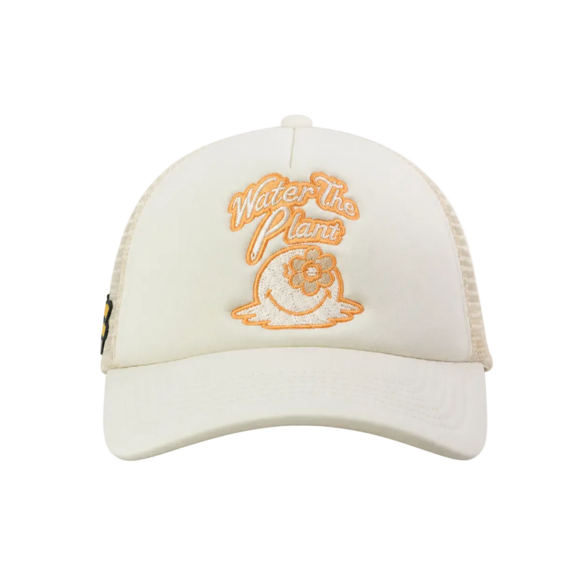 An off-white trucker hat with orange embroidered text reading 'Water the Plant' and a matching plant illustration on the front, set against a solid white background.