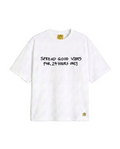 A white short-sleeve crewneck t-shirt with the text 'SPREAD GOOD VIBES FOR 24 HOURS ONLY' printed in black across the chest, and a small yellow geometric logo near the lower left hem.