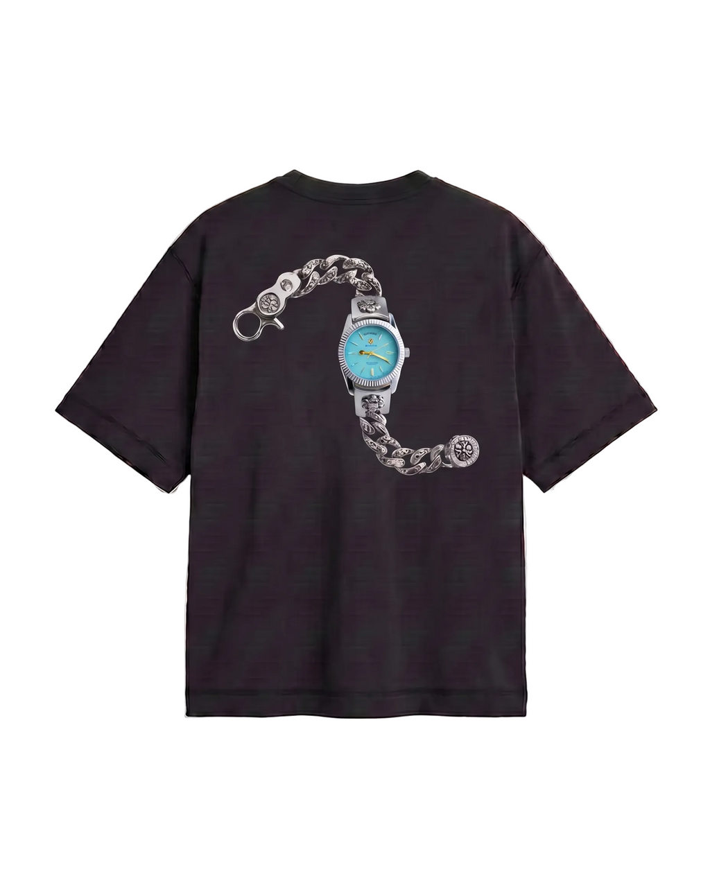 A black short-sleeve t-shirt shown from the back, featuring a large graphic print of a silver chain watch with a light blue face on the center back.