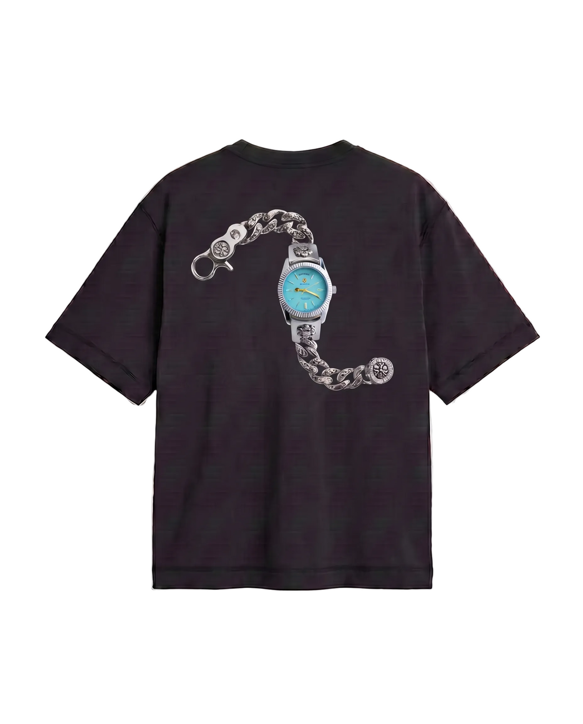A black short-sleeve t-shirt shown from the back, featuring a large graphic print of a silver chain watch with a light blue face on the center back.