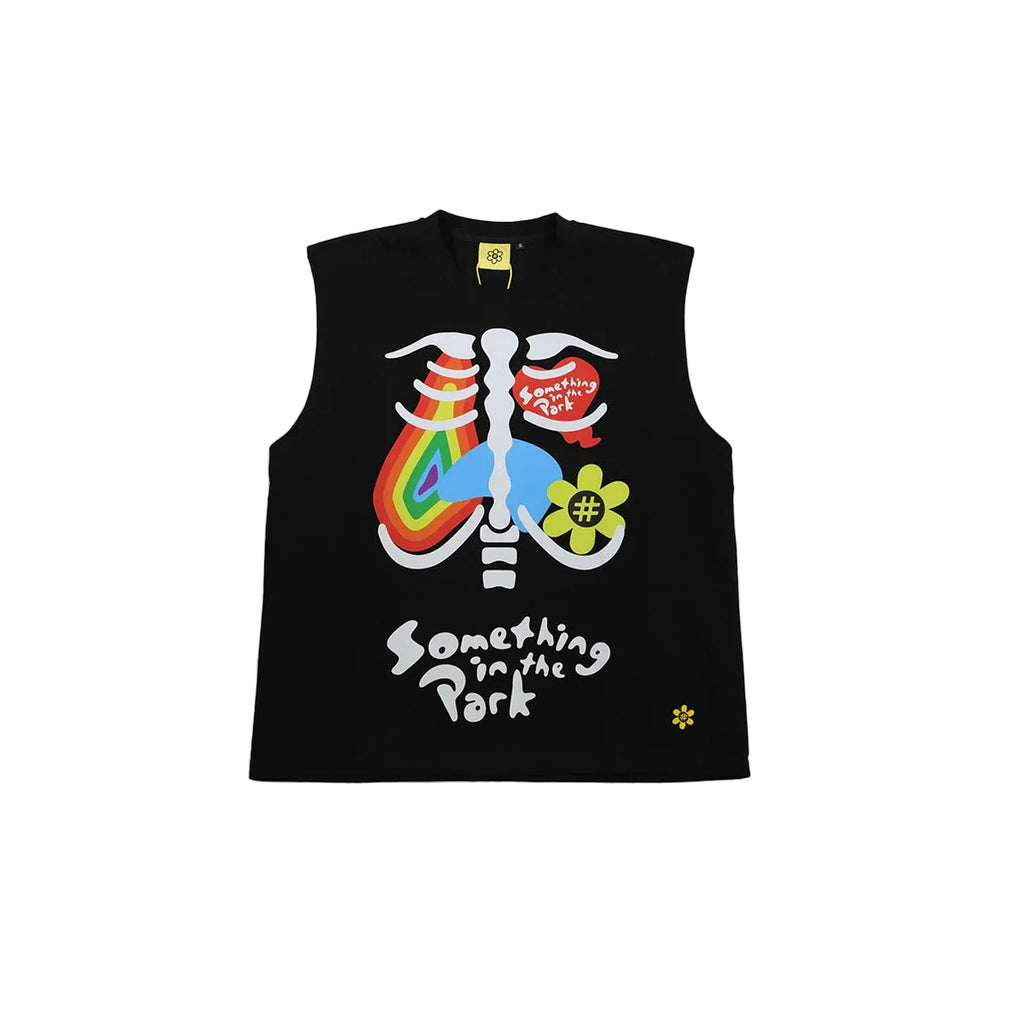 A black sleeveless vest featuring a colorful graphic of a rib cage with a rainbow, a blue flower, and the text 'Something in the Park' on a white background.