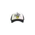 A white and black trucker hat featuring a yellow smiley face patch with the letters 'WTP' embroidered on the front, set against a plain white background.