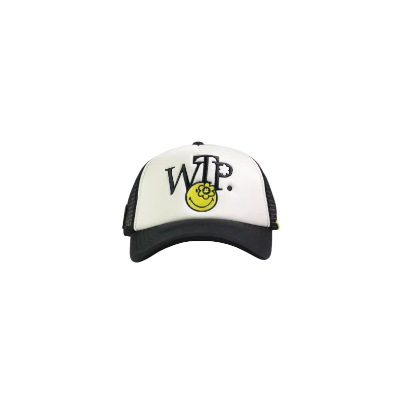 A white and black trucker hat featuring a yellow smiley face patch with the letters 'WTP' embroidered on the front, set against a plain white background.