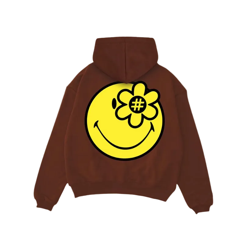 Brown hoodie with a yellow WATER THE PLANT Smiley® face design on the back against a white background