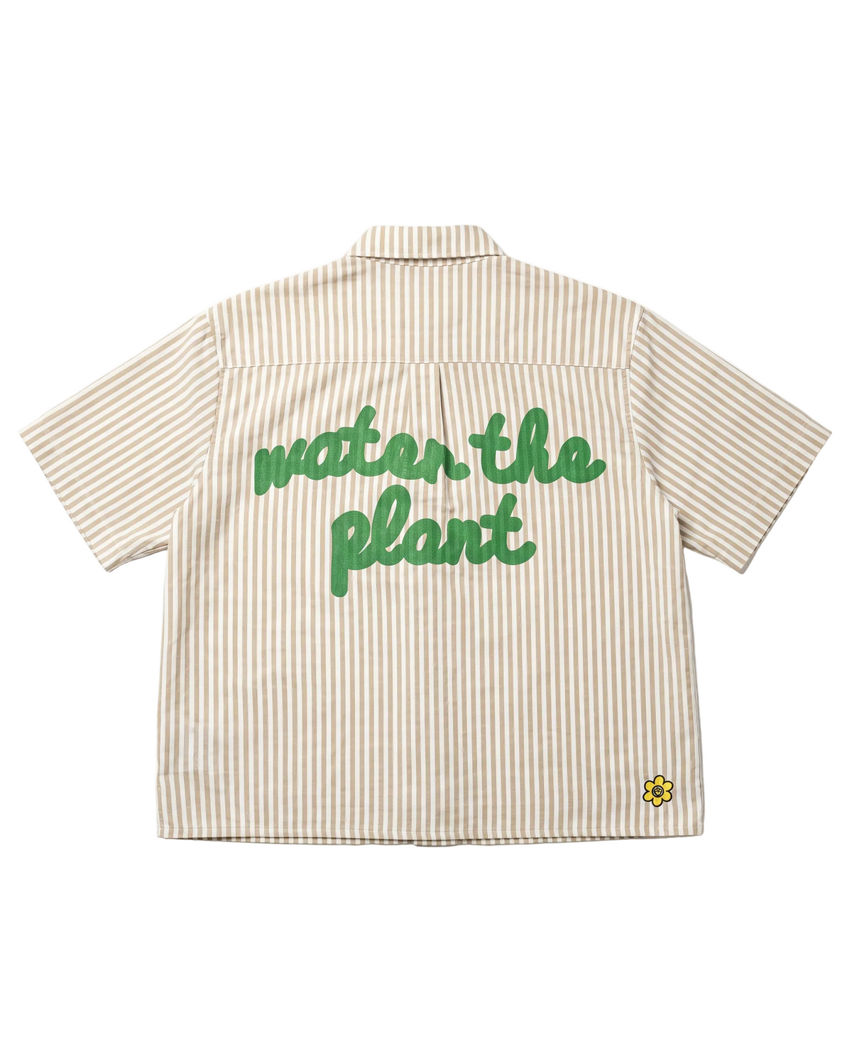 A short-sleeve button-up shirt with beige and white vertical stripes, featuring the phrase 'water the plant' printed in green across the back. A small yellow flower logo is visible on the bottom right hem.