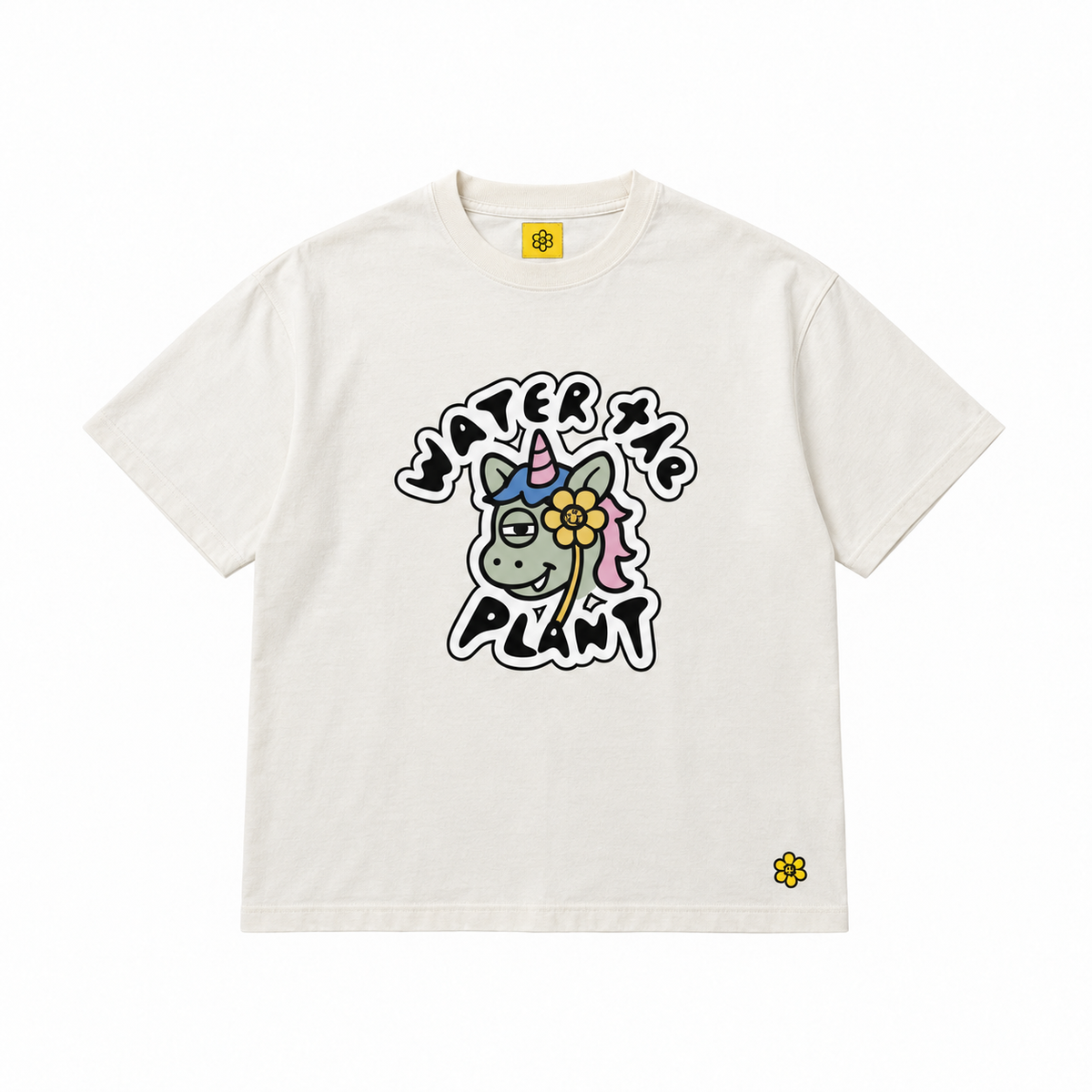 An off-white short-sleeve t-shirt with a cartoon unicorn graphic and the words 'WATER THE PLANT' printed on the front, shown against a plain white background.
