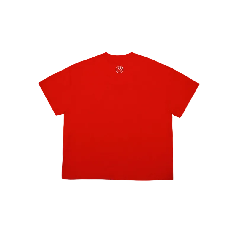 Red t-shirt with a small Smiley® logo on the back against a white background
