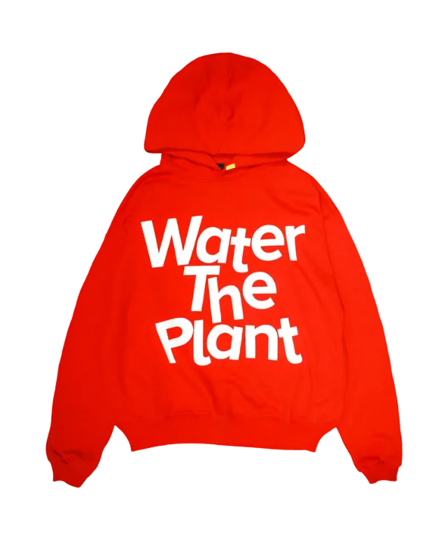 Red hoodie with 'Water The Plant' text on a white background