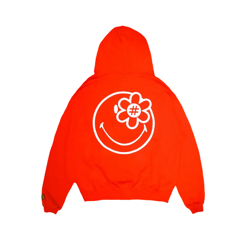 Red hoodie with a white smiley face and flower design on the back against a white background