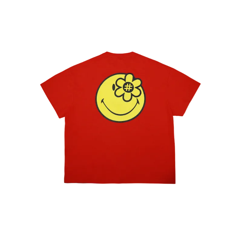 Red t-shirt with a yellow smiley face design on the back against a white background