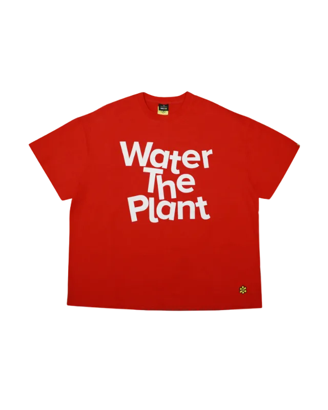 Red t-shirt with 'Water The Plant' text on a white background
