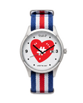 A wristwatch with a silver-toned metal case, a white dial featuring a large red heart with a white hashtag in the center, and a striped fabric strap in blue, white, and red.