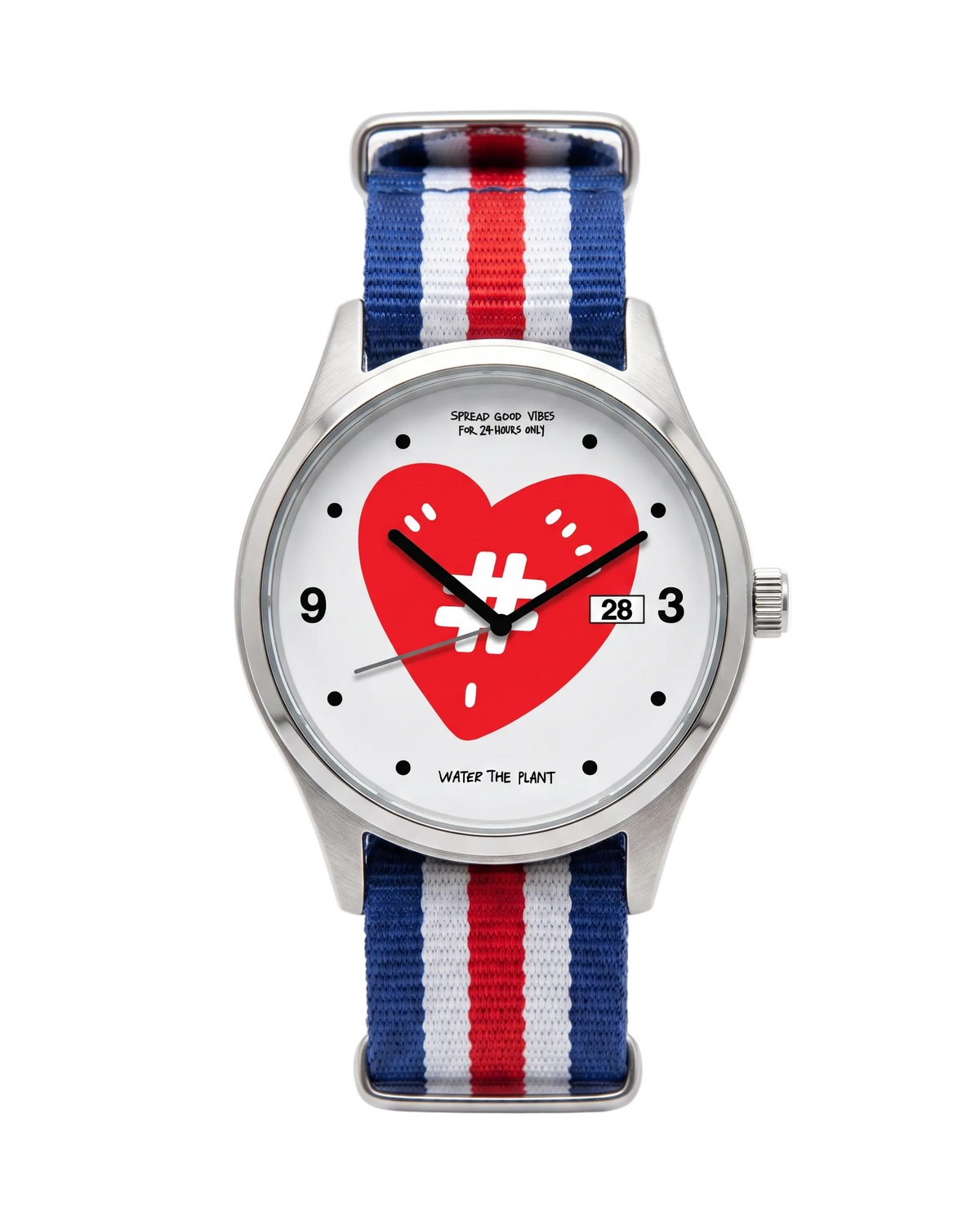 A wristwatch with a silver-toned metal case, a white dial featuring a large red heart with a white hashtag in the center, and a striped fabric strap in blue, white, and red.