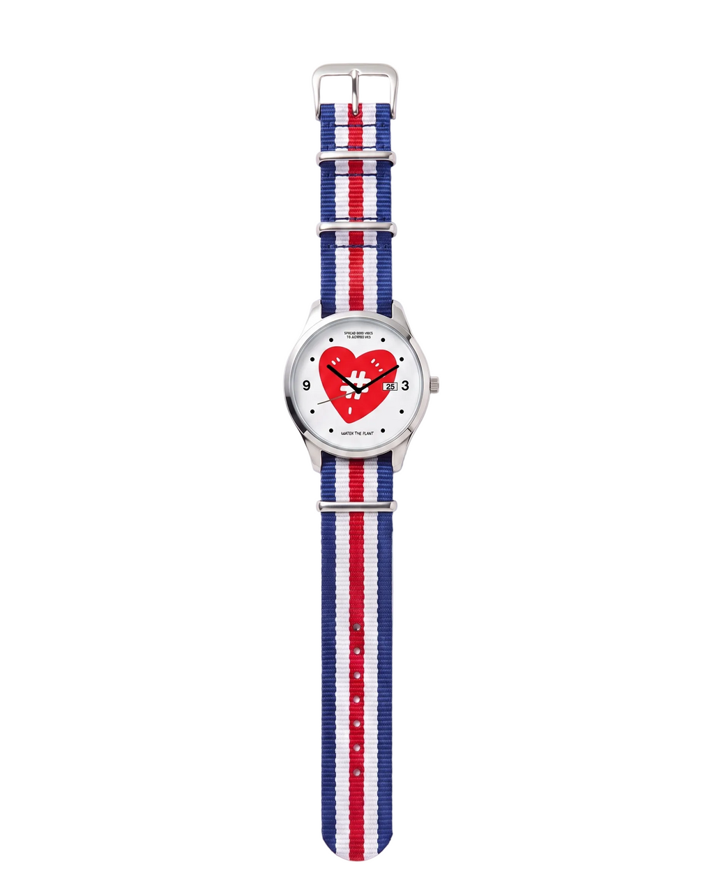 An analog watch with a silver-tone stainless steel case, featuring a white dial with a red heart design and a blue, red, and white striped fabric strap.
