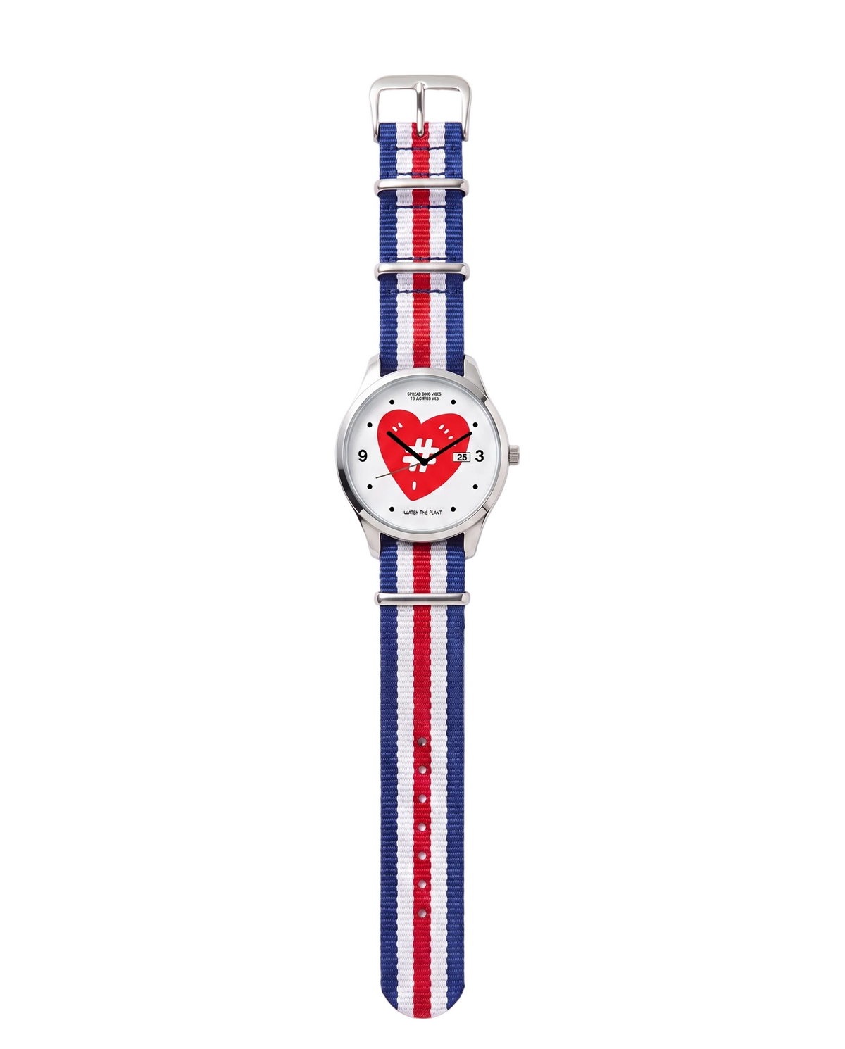 An analog watch with a silver-tone stainless steel case, featuring a white dial with a red heart design and a blue, red, and white striped fabric strap.