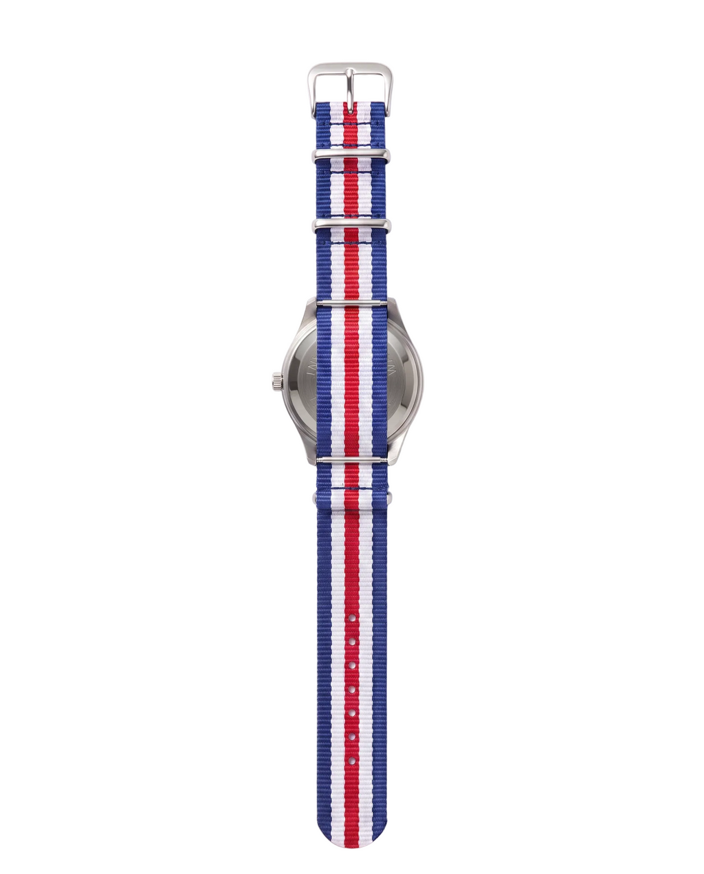 A classic analog watch shown from the back, featuring a silver-tone metal case and a nylon strap with vertical red, white, and blue stripes.