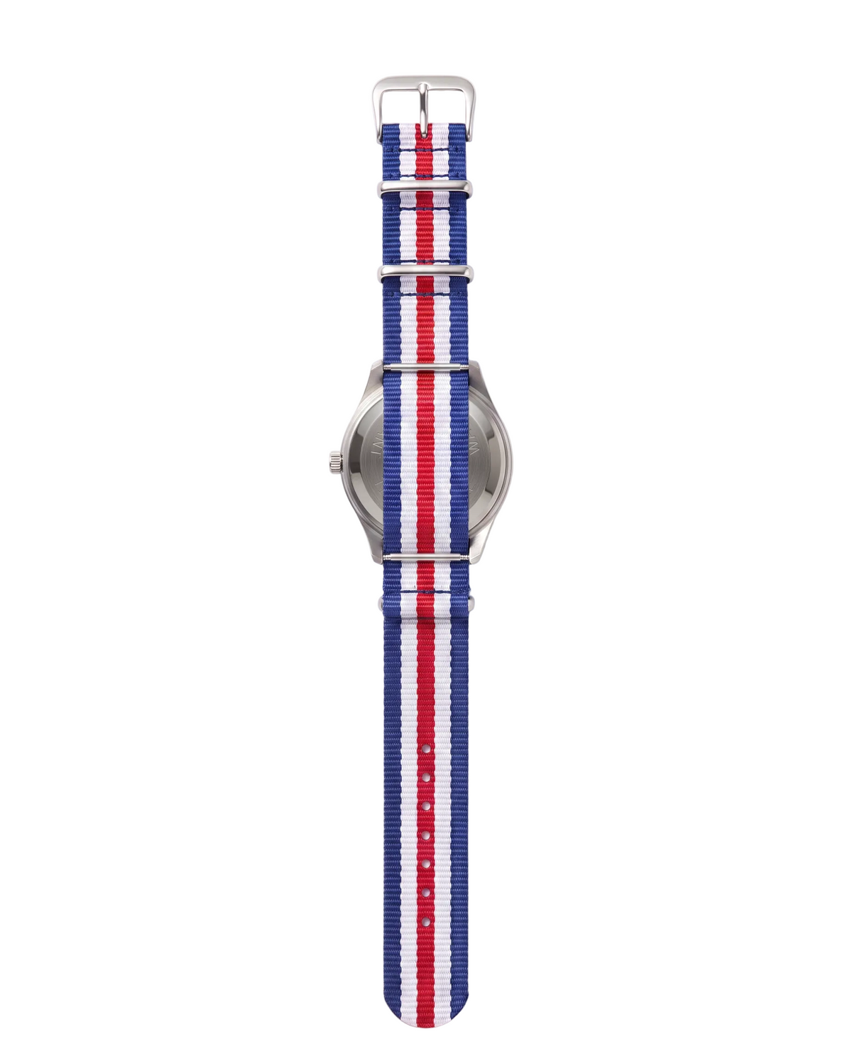 A classic analog watch shown from the back, featuring a silver-tone metal case and a nylon strap with vertical red, white, and blue stripes.