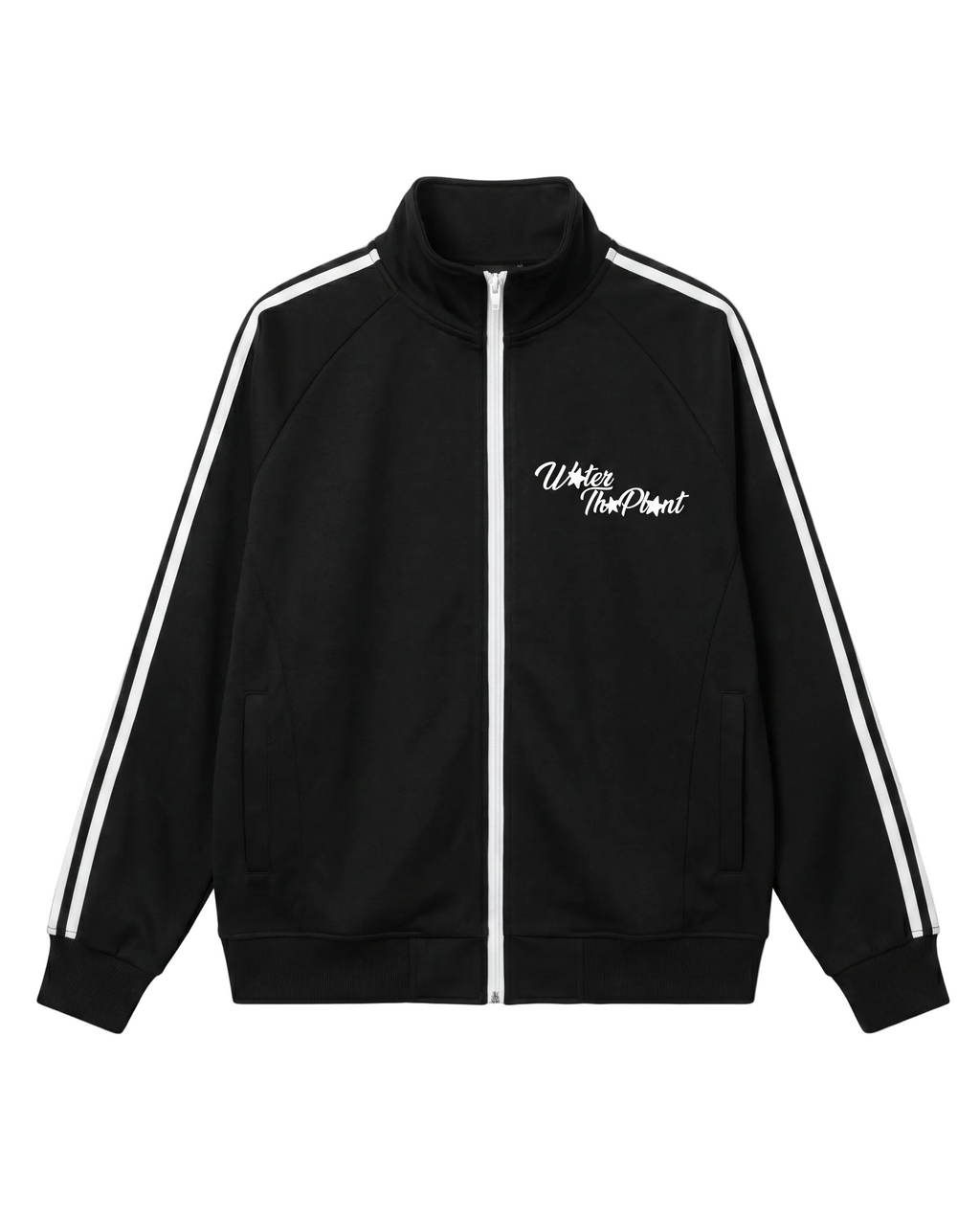 A black track jacket with white double stripes down the sleeves and a white script logo on the left chest reading 'WATER THE PLANT', displayed on a clean white background.