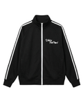 A black track jacket with white double stripes down the sleeves and a white script logo on the left chest reading 'WATER THE PLANT', displayed on a clean white background.