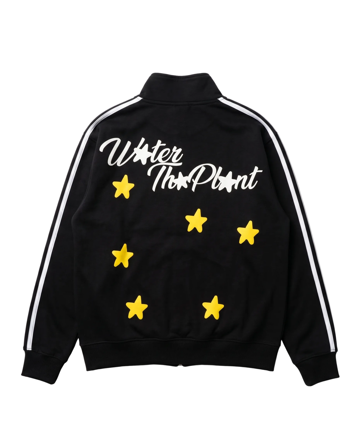 Black track jacket with white stripes on the sleeves, featuring 'Water The Plant' in white script across the back and five yellow star graphics.