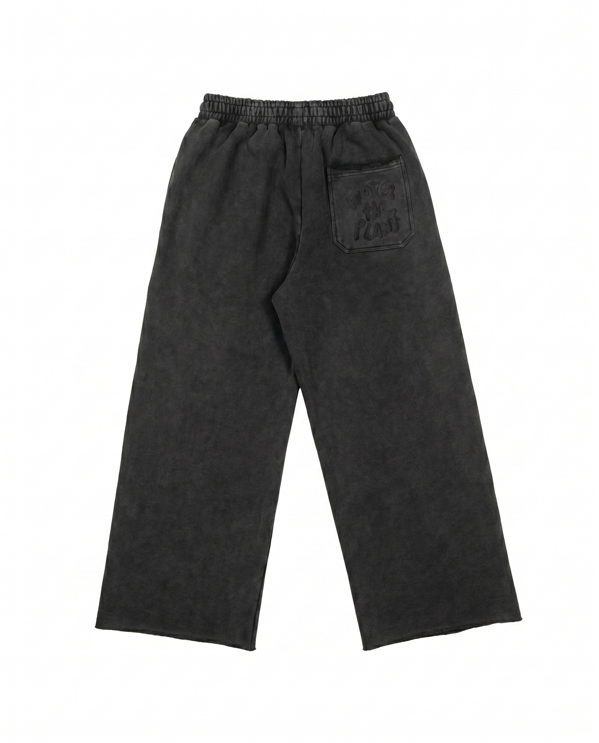 Dark gray pants with a "Water The Plant" logo pocket on a white background