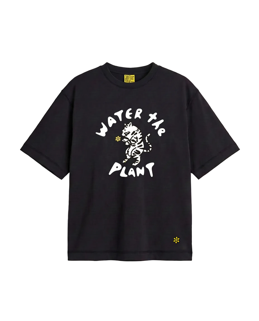 A black short-sleeve t-shirt with a white graphic print on the front reading 'WATER THE PLANT' around a cartoon tiger, with a small yellow flower logo on the bottom right and a yellow neck label.