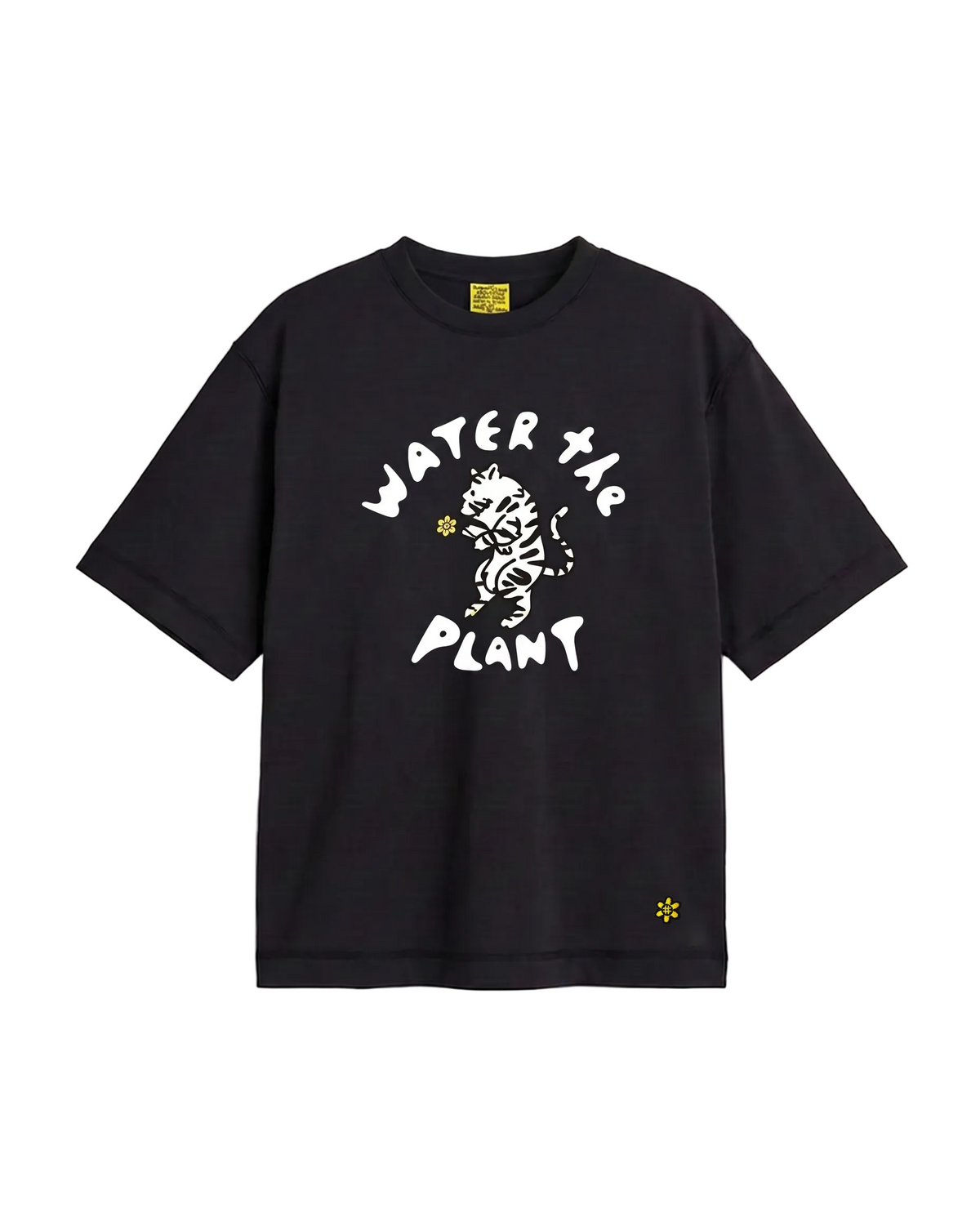 A black short-sleeve t-shirt with a white graphic print on the front reading 'WATER THE PLANT' around a cartoon tiger, with a small yellow flower logo on the bottom right and a yellow neck label.