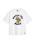 A white short-sleeve t-shirt featuring a graphic print of a yellow cartoon tiger and the text 'WATER THE PLANT' in black. A small yellow logo is visible on the bottom right hem.